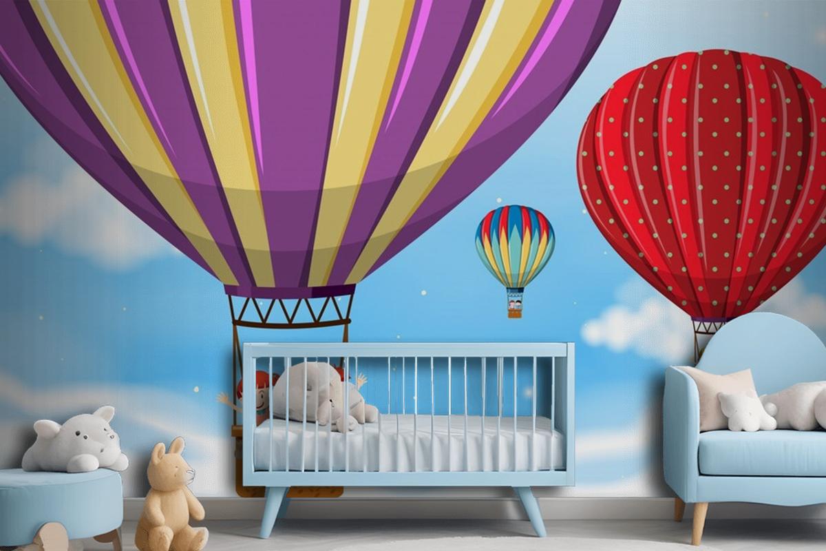 Children Riding Hot Air Balloon Wallpaper Mural