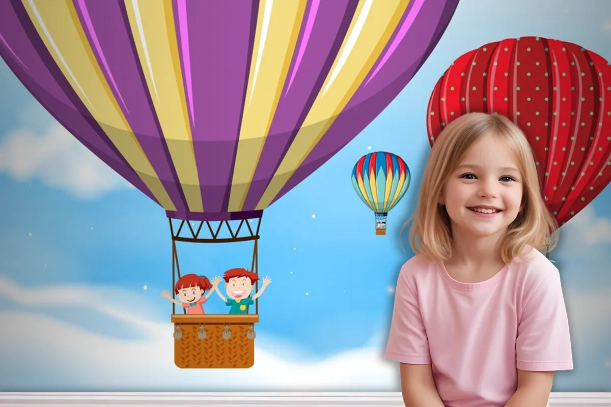 Children Riding Hot Air Balloon Wallpaper Mural