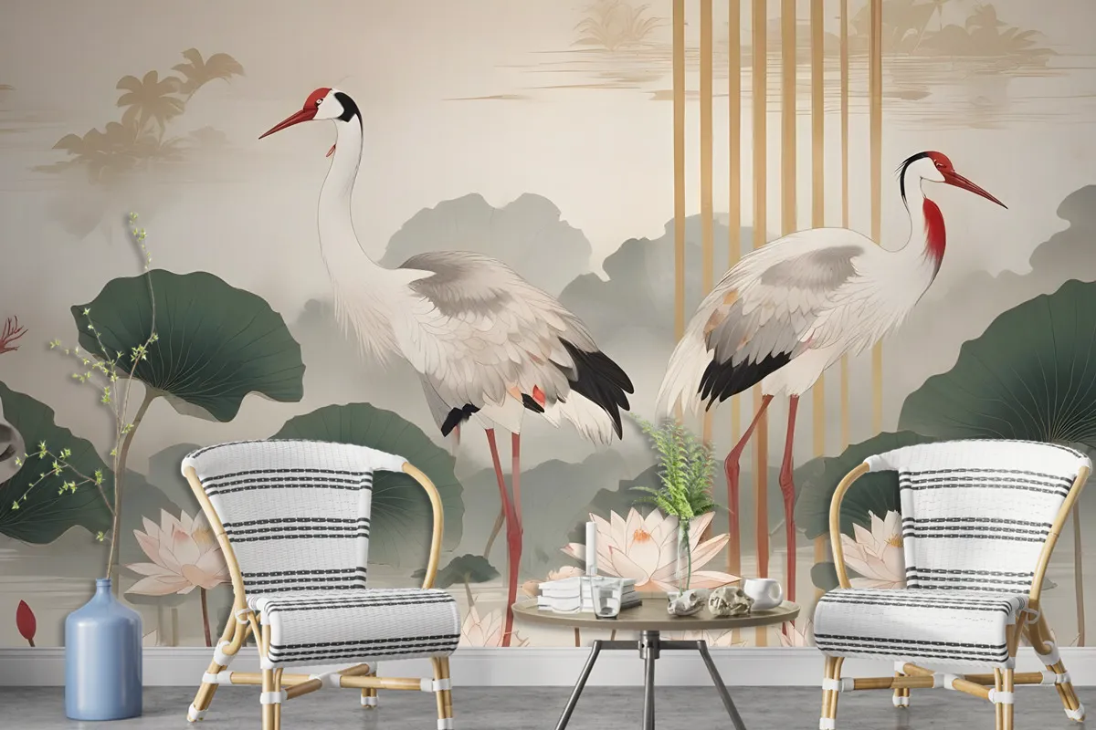 Chinese Crane Birds With Lotus Florals Wallpaper Mural