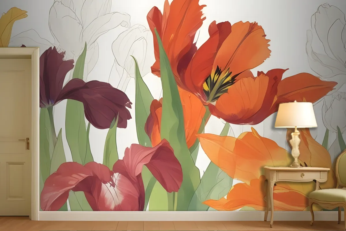 Closeup Orange And Red Tulips With Green Leaves Against A Light Wallpaper Mural