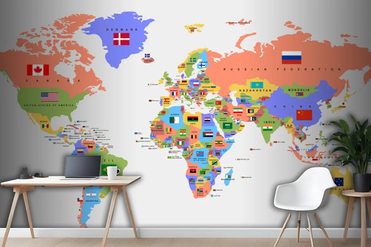 Color World Map With The Names Of Countries And National Flags Wallpaper Mural