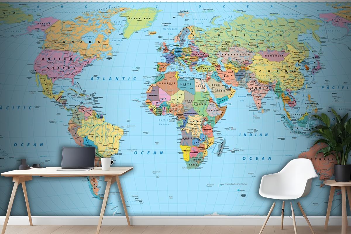 Colored World Map Borders Countries Roads And Cities Wallpaper Mural