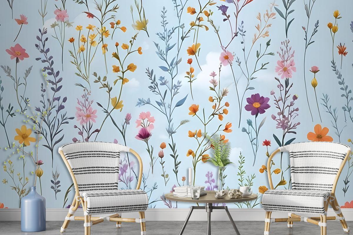 Colorful Blossoms Blue Wallpaper Mural