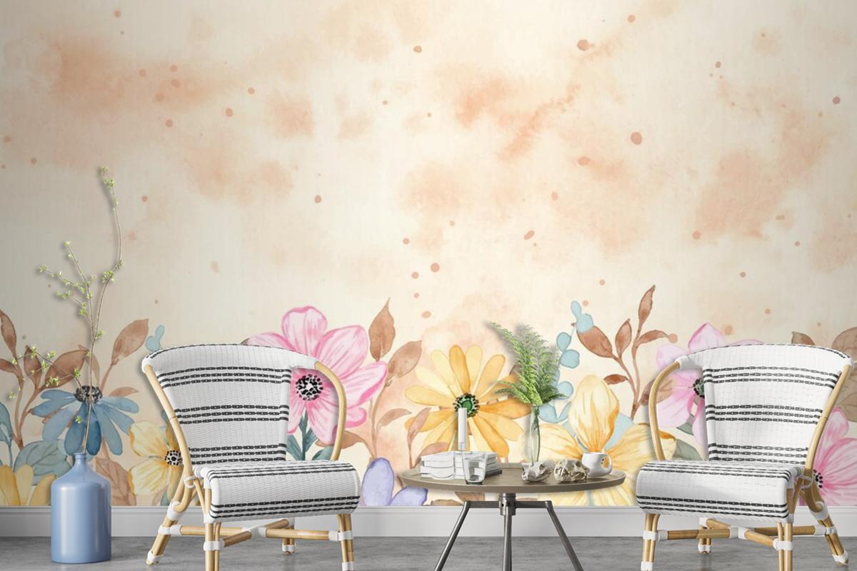 Colorful Floral Garden Background With Watercolor Wallpaper Mural