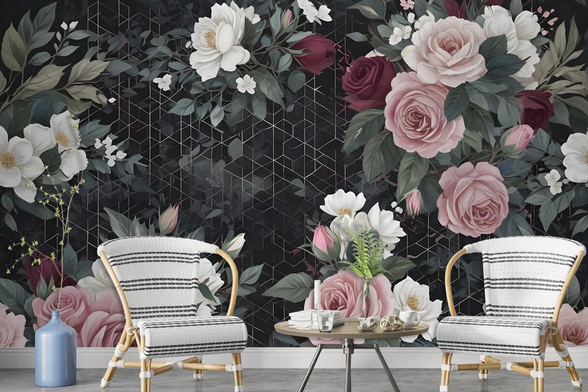 Colorful Floral With Dark Geometric Pattern Wallpaper Mural