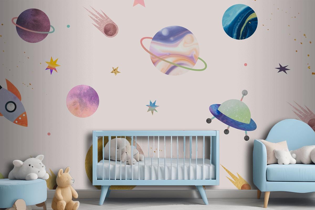 Colorful Galaxy Watercolor Doodle On Pastel Background Wallpaper Mural