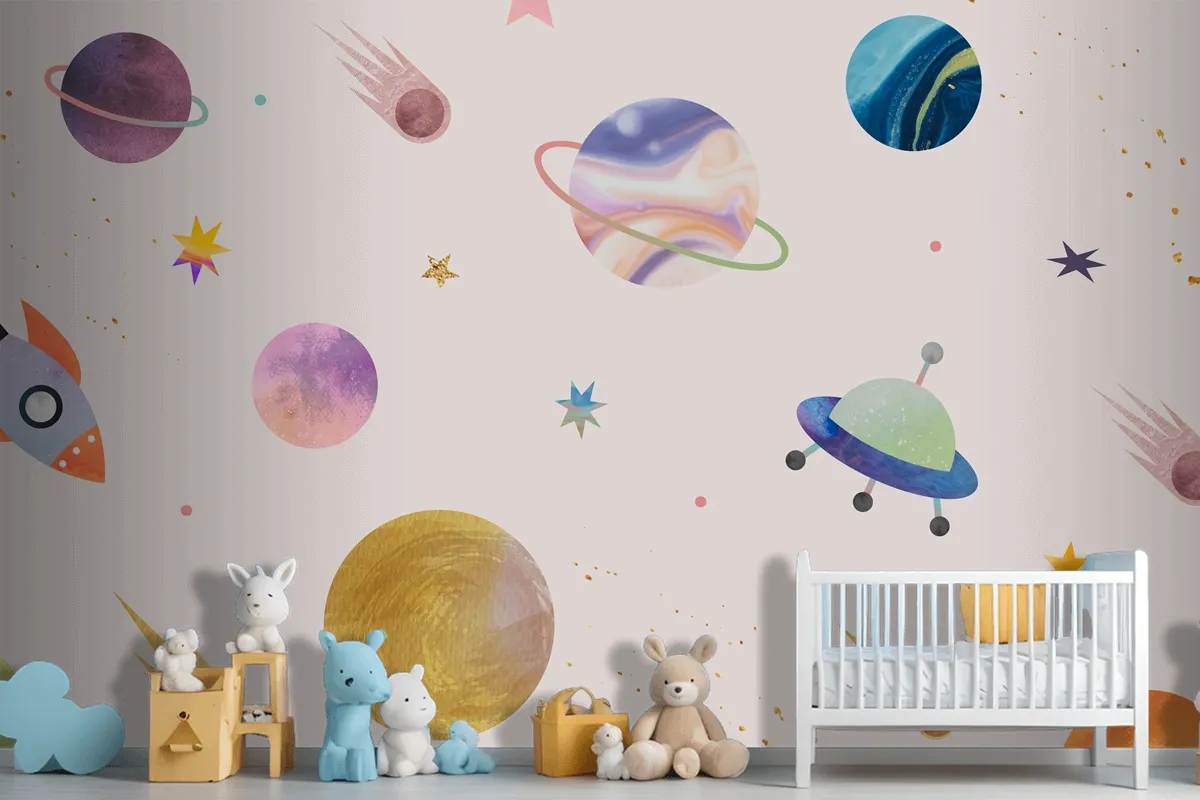 Colorful Galaxy Watercolor Doodle On Pastel Background Wallpaper Mural