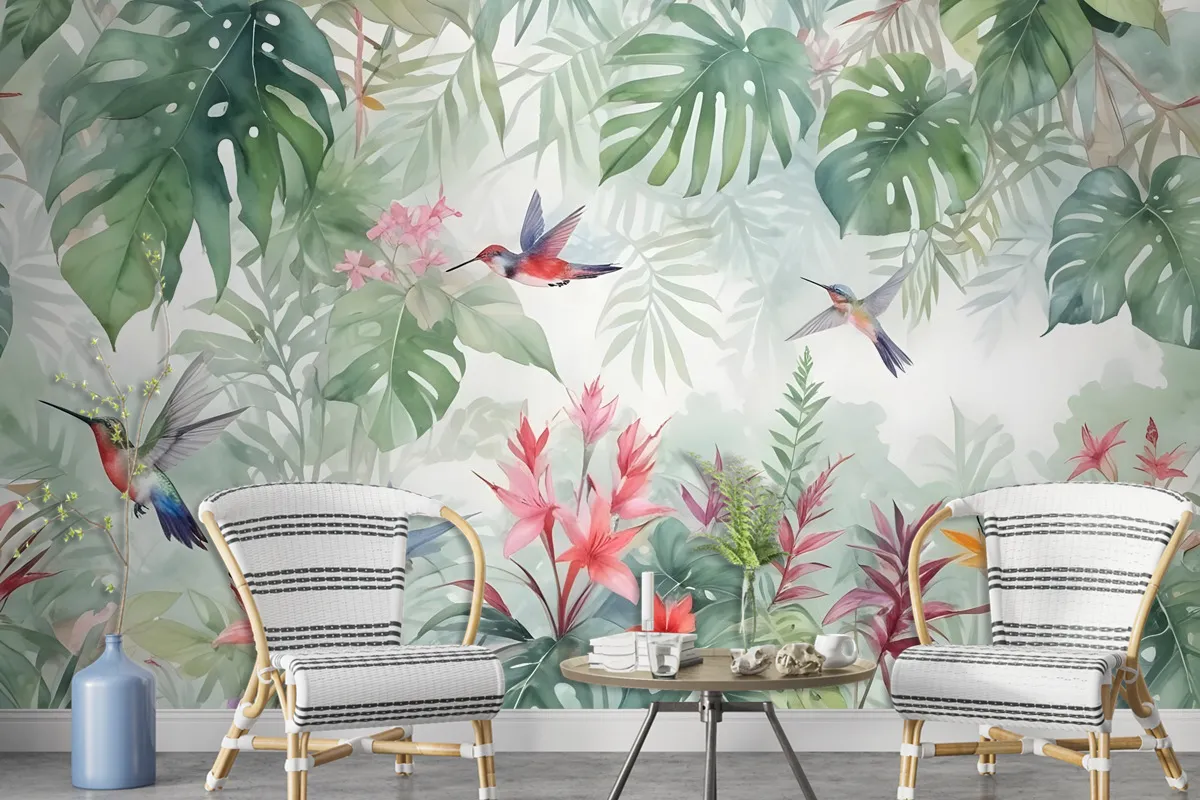 Colorful Tropical Exotic Cactus Floral With Little Birds Wallpaper Mural