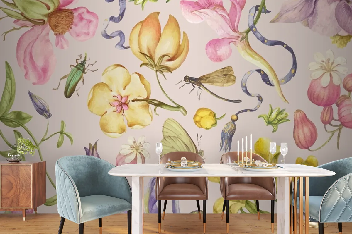 Colorful Vintage Floral Pattern Vector On Pink Wallpaper Mural