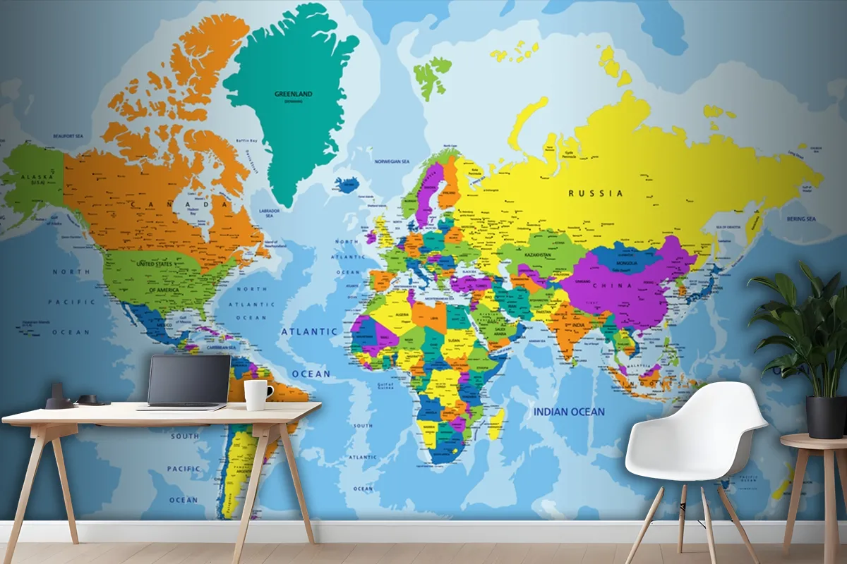 Colorful World Political Map With Clearly Labeled Wallpaper Mural