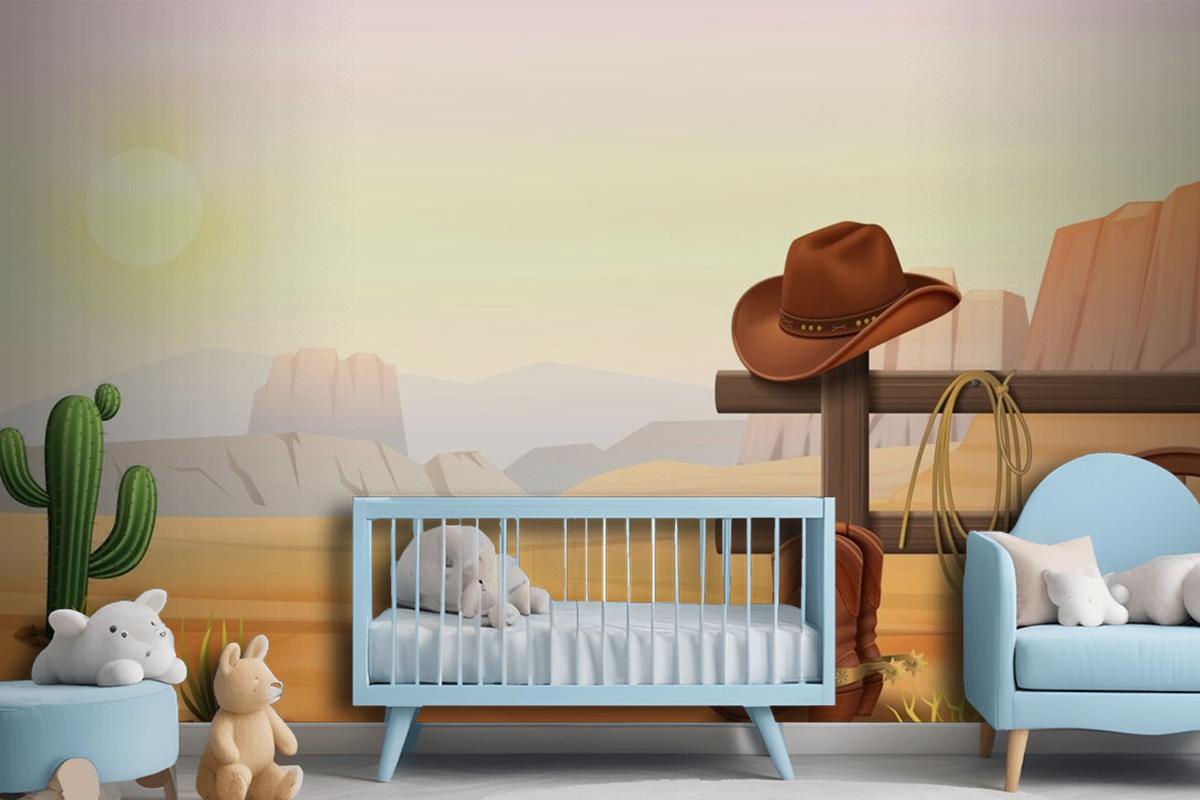 Cowboy Boots And Hat On Fence Wallpaper Mural