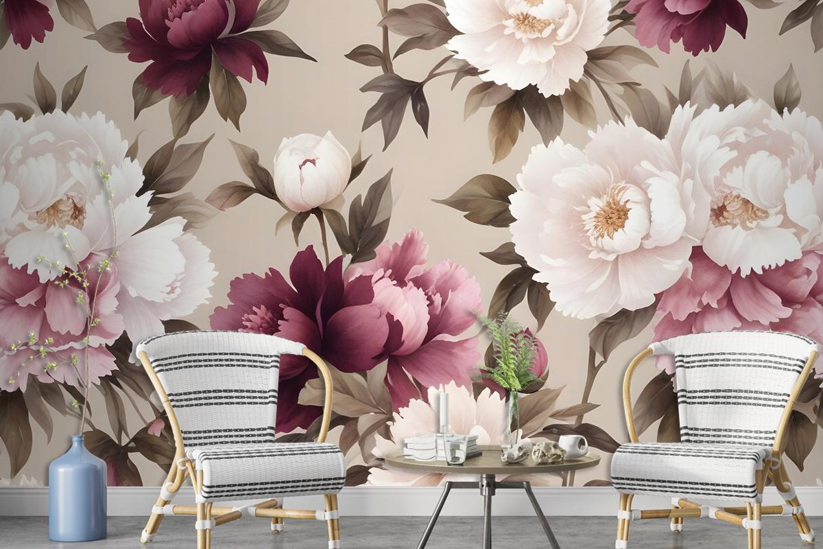 Cream Pink Peony Floral Pattern Wallpaper Mural