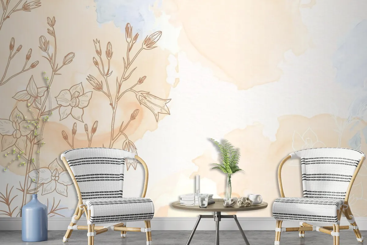 Cream Powder Pastel With Hand Drawn Flowers Background Wallpaper Mural