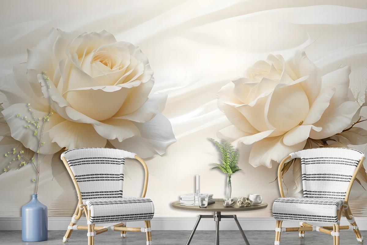 Cream Rose Floral With Water Pattern Wallpaper Mural