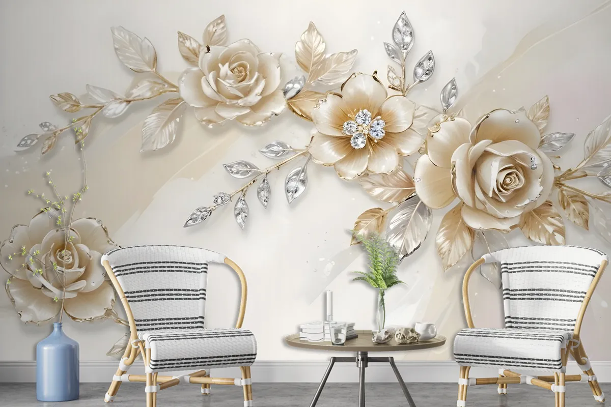 Cream Swarovski Rose Floral Wallpaper Mural