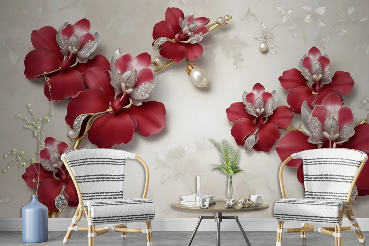 Crystal Red Floral Art Wallpaper Mural