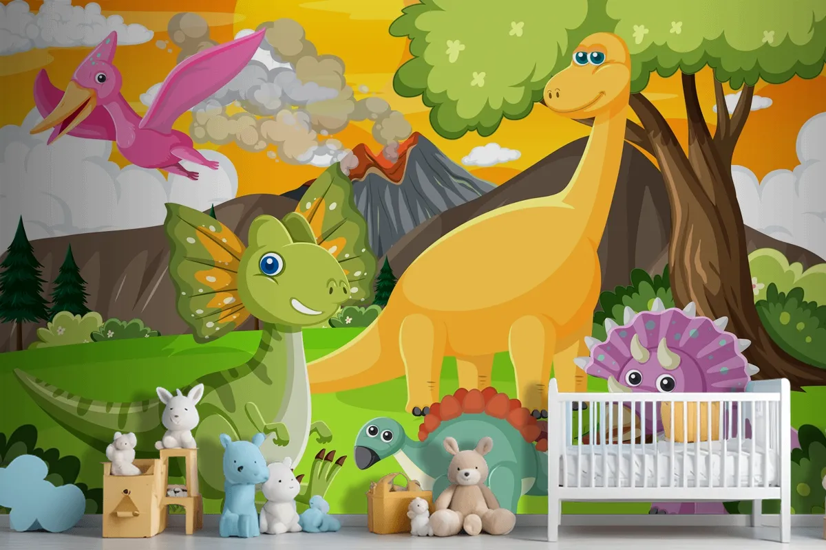 Cute Dinosaur Group In Forest Wallpaper Mural