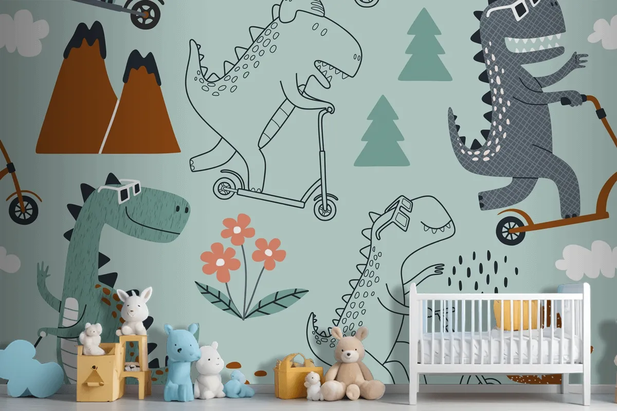 Cute Dinosaur Rides A Scooter Wallpaper Mural