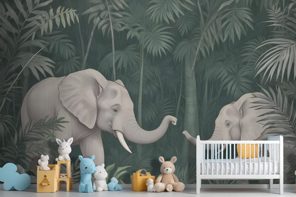 Cute Elephants On The Tropical Jungle Kids Wallpaper Mural