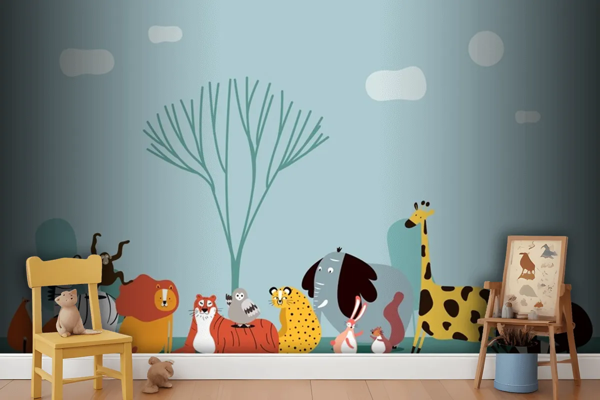 Cute Group Of Wild Animals Wallpaper Mural