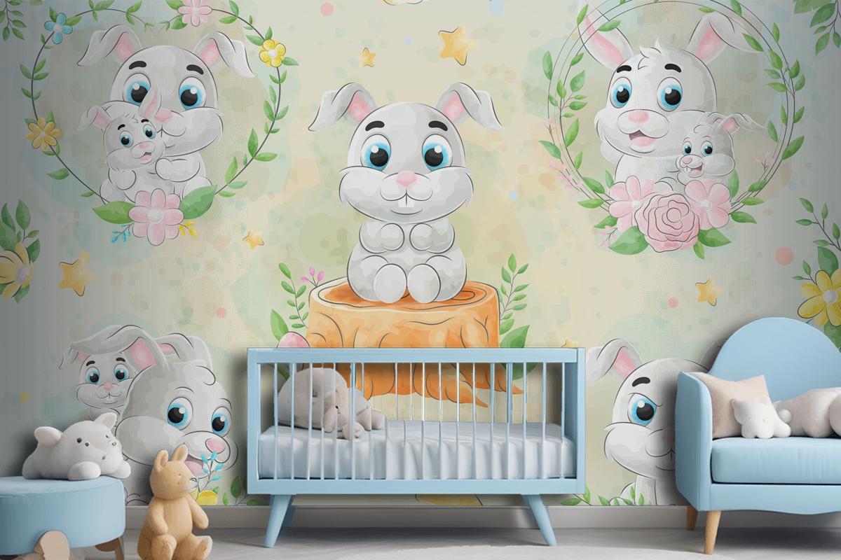 Cute Little Rabbit With Watercolor Wallpaper Mural