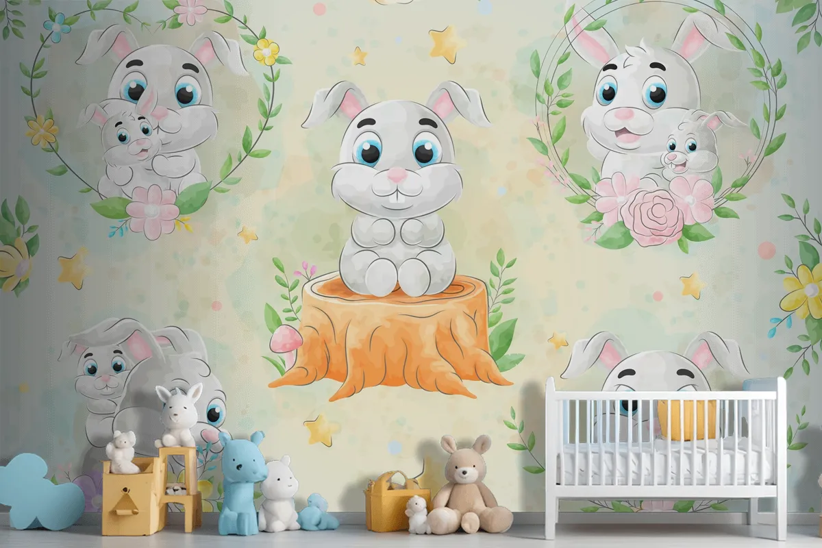 Cute Little Rabbit With Watercolor Wallpaper Mural