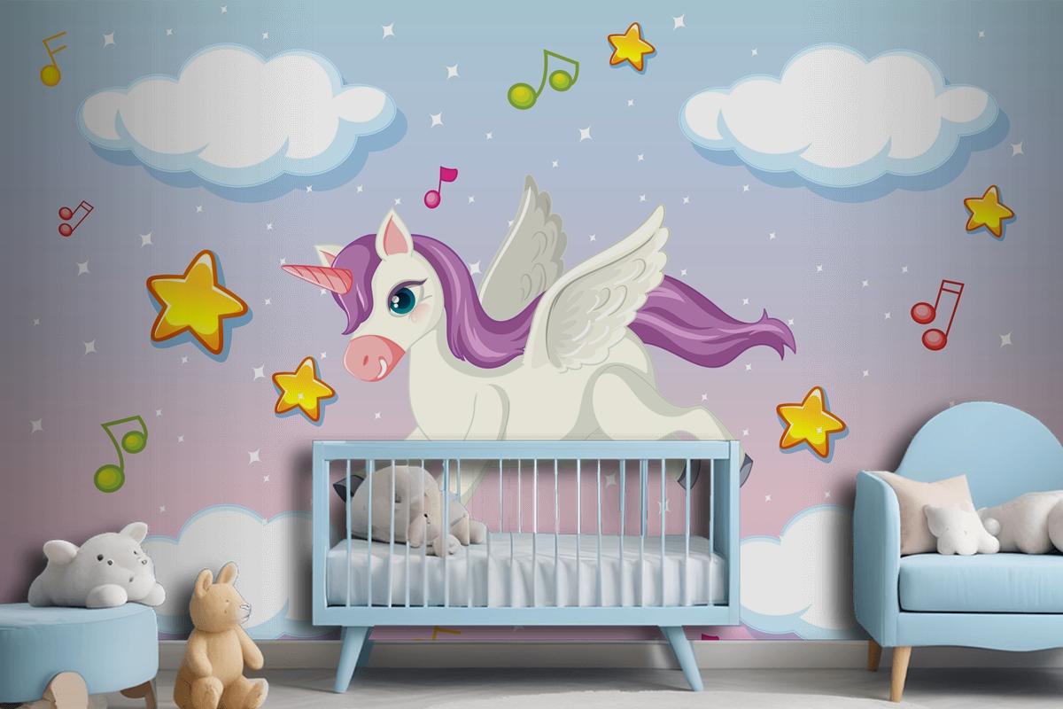 Cute Pegasus With Purple Mane Flying In The Pastel Sky Wallpaper Mural