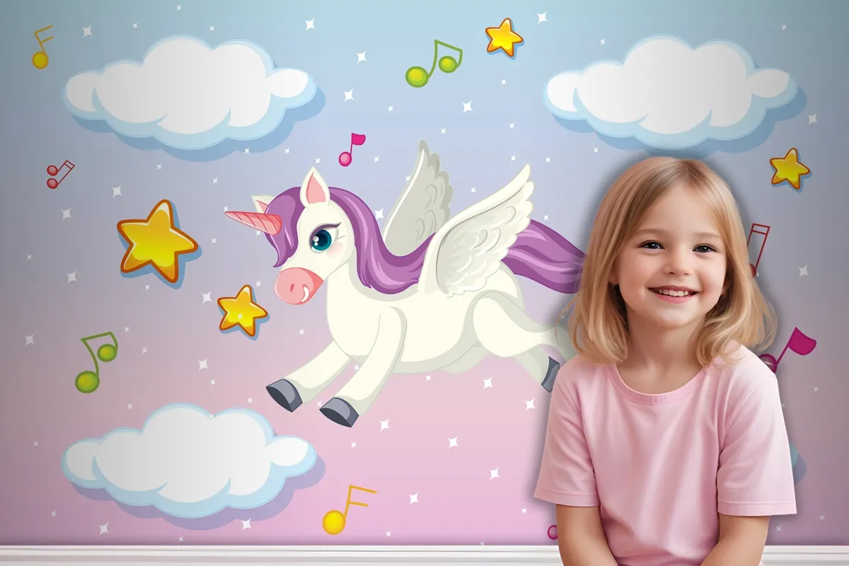 Cute Pegasus With Purple Mane Flying In The Pastel Sky Wallpaper Mural