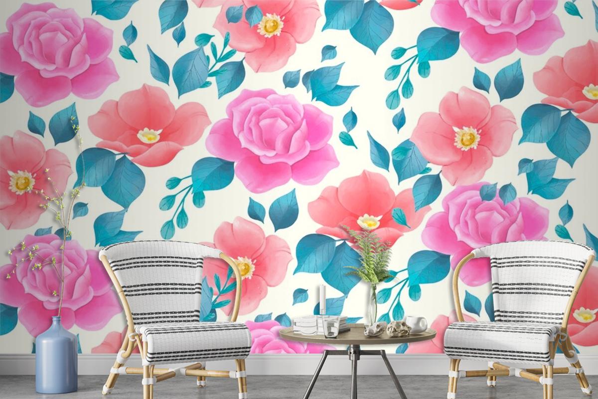 Cute Watercolor Floral Pattern With Rose Flowers Wallpaper Mural