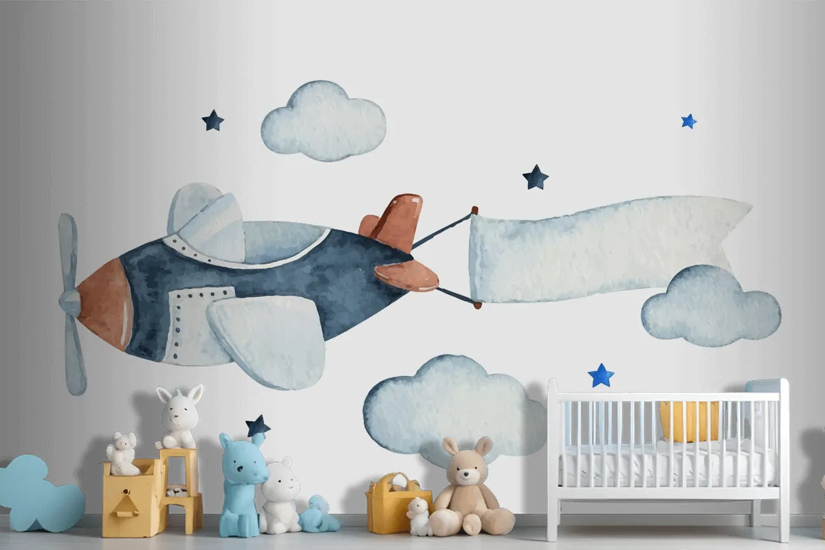 Cute Watercolor Sky Scene With Air Plane Clouds And Stars Wallpaper Mural