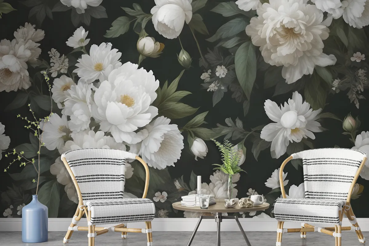 Dark Floral And White Peony Blossoms Wallpaper Mural