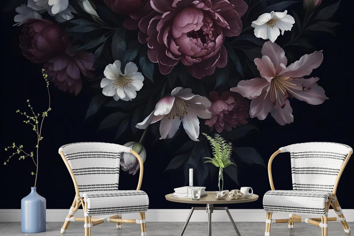 Dark Floral Claret Peony Floral Wallpaper Mural