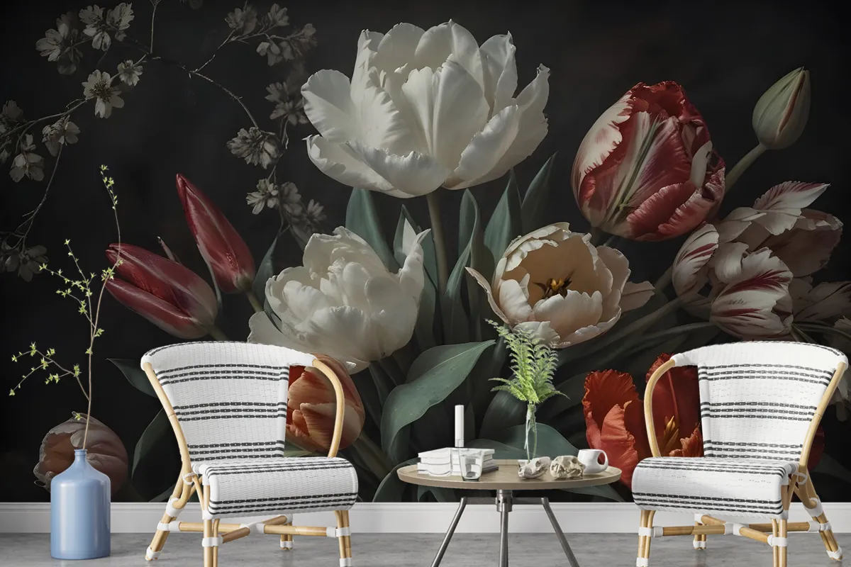 Dark Floral Dutch Bouquet With Tulips Wallpaper Mural