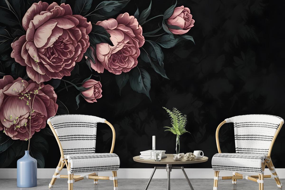 Dark Floral Peony Flower Drawing Wallpaper Mural