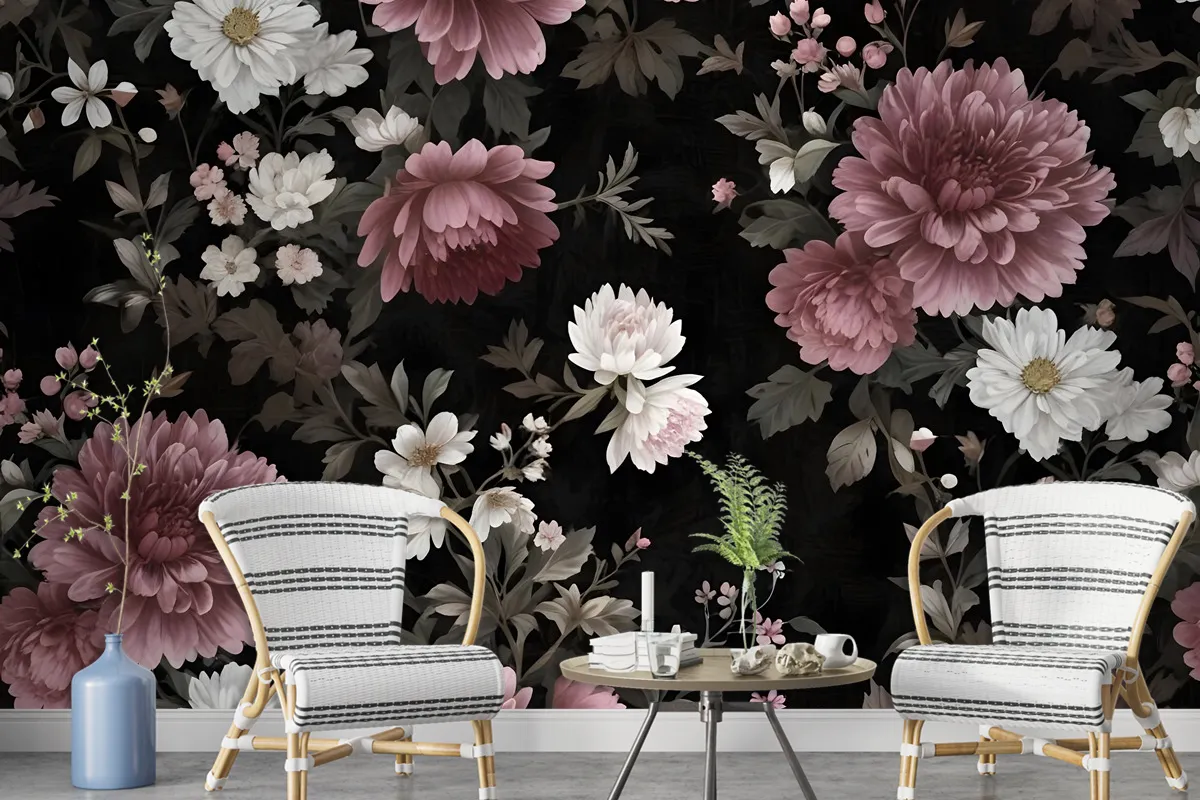 Dark Floral With Pink Chrysanthemum Wallpaper Mural