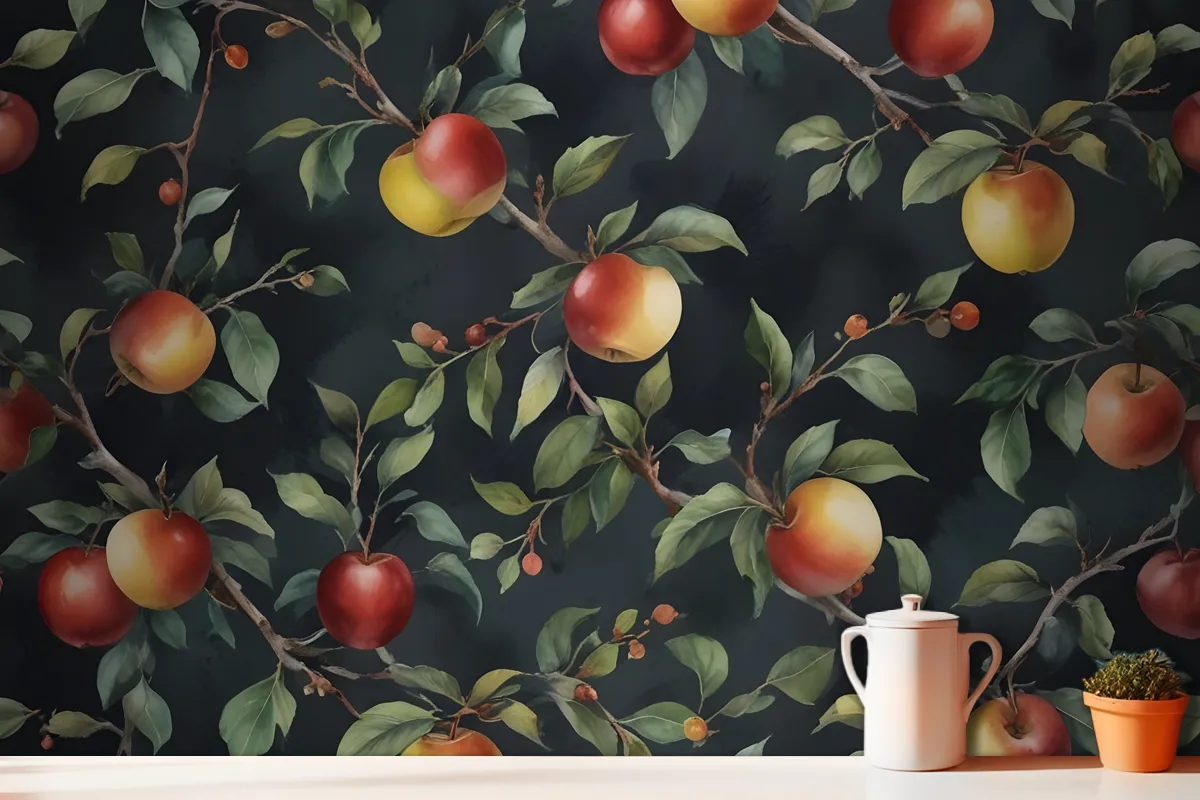 Dark Green And Navy Vintage Botanical Fruit Repeat Pattern Wallpaper