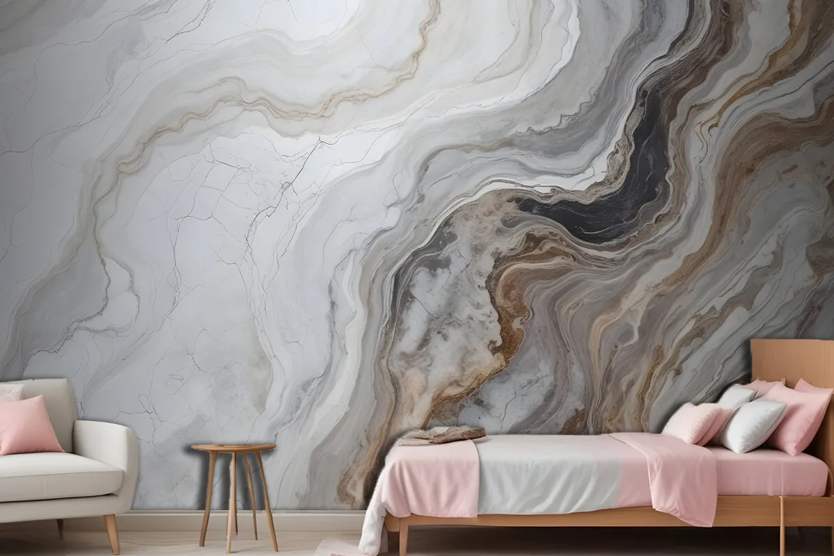 Dark Marble Gray And Brown Waves Wallpaper Mural