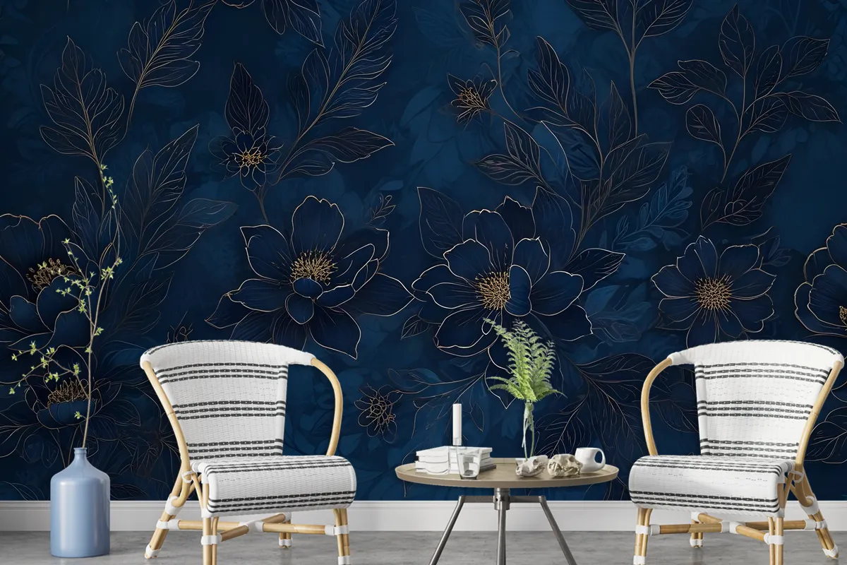 Dark Navy Peony Floral Drawing Art Wallpaper Mural