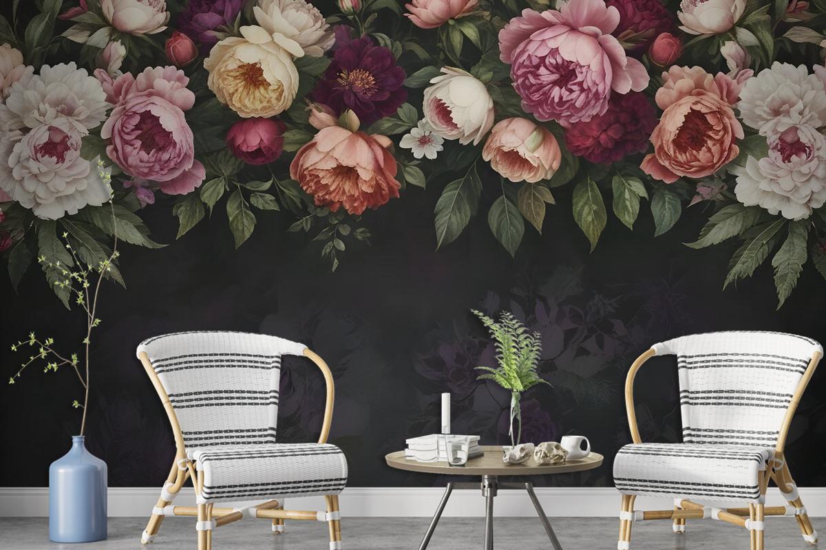 Dark Vine Floral And Peony Blossom Wallpaper Mural