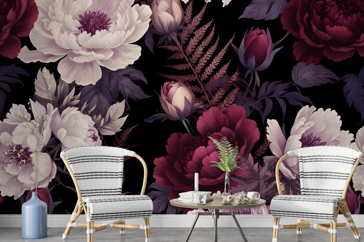 Dark Watercolor Colorful Peony Floral Wallpaper Mural