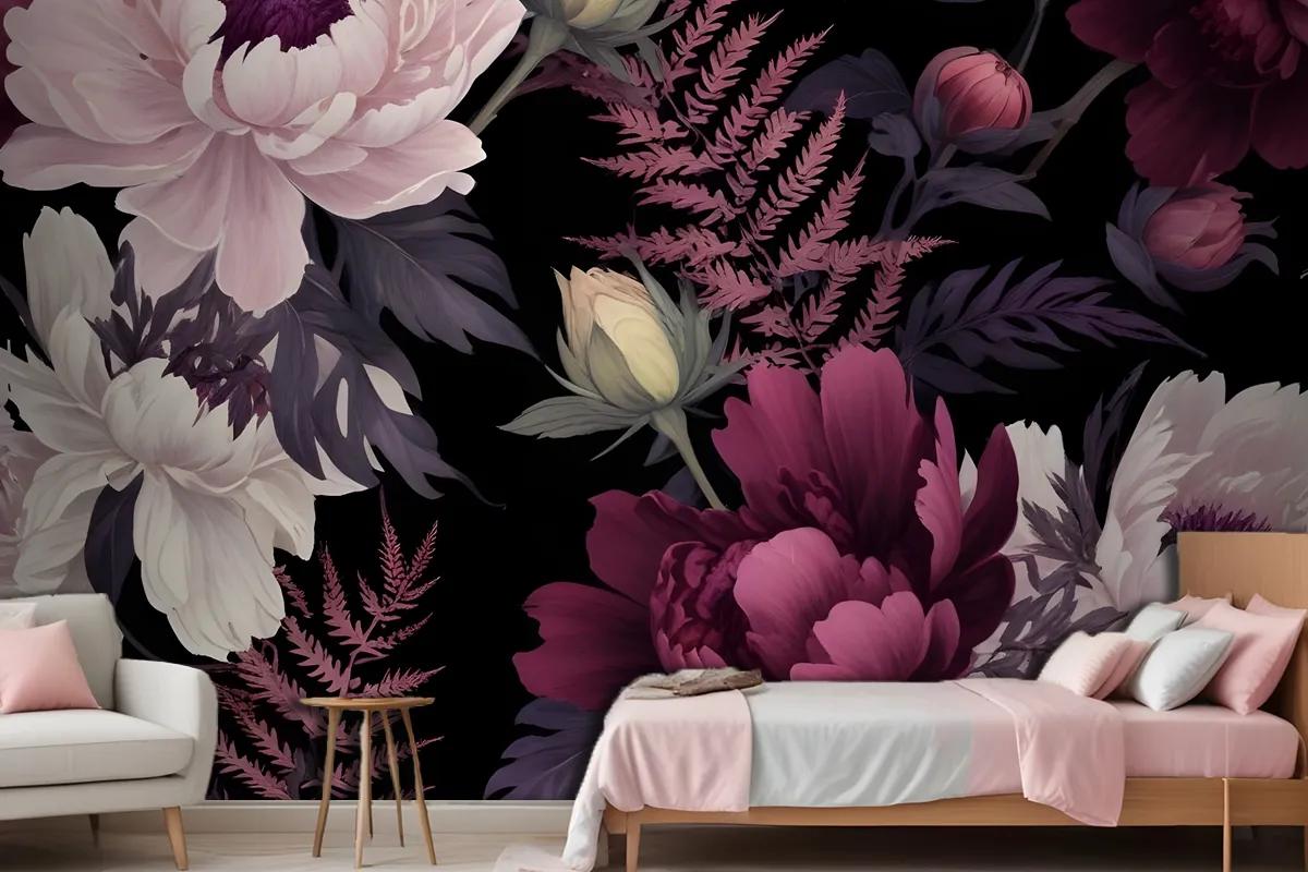 Dark Watercolor Colorful Peony Floral Wallpaper Mural