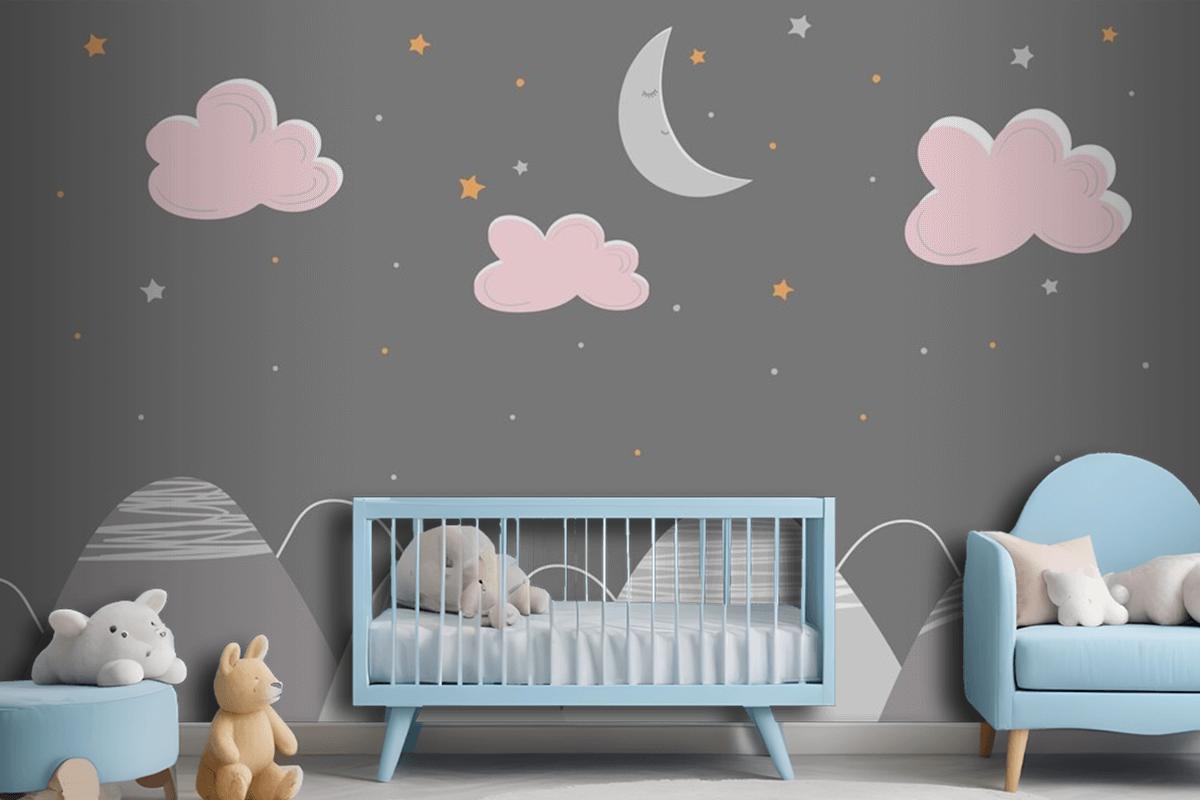 Decor In Scandinavian Style With Mountain Landscape Clouds And Sleeping Moon Wallpaper Mural