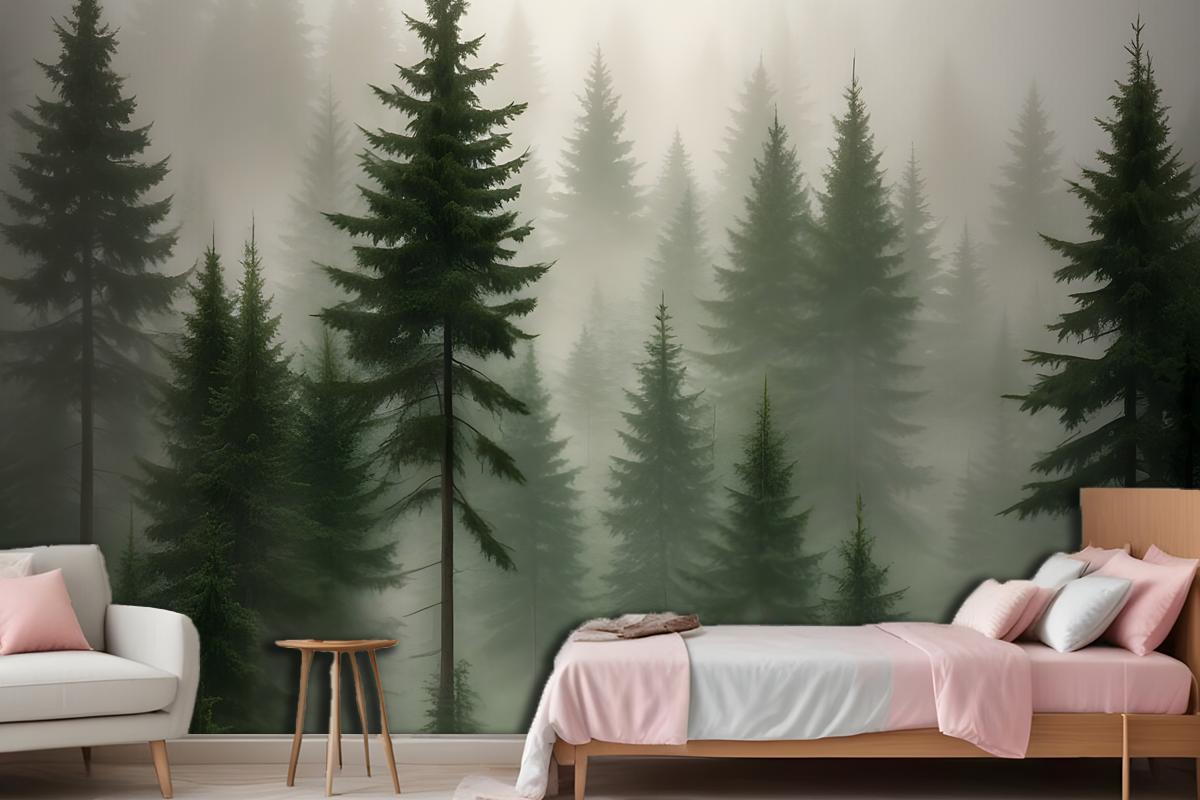 Dense Forest Of Tall Evergreen Trees In A Misty Foggy Environment Wallpaper Mural