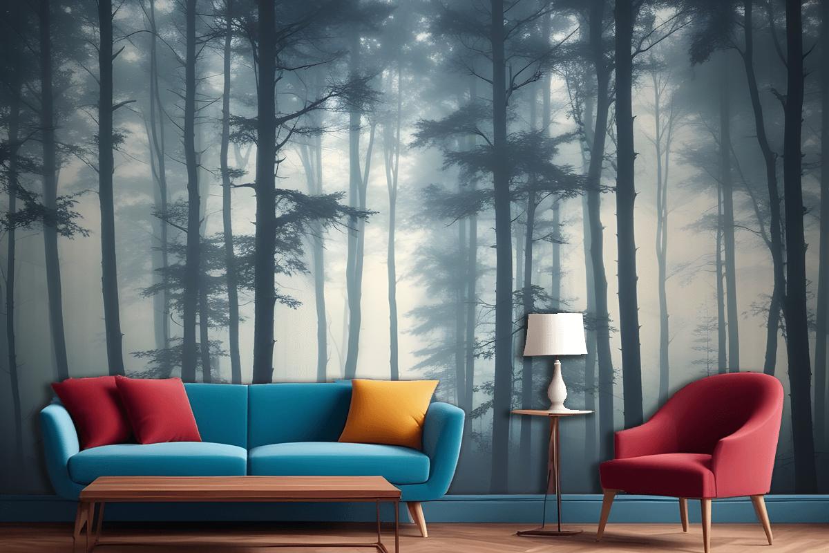 Dense Misty Forest With Tall Slender Trees And A Foggy Atmosphere Wallpaper Mural