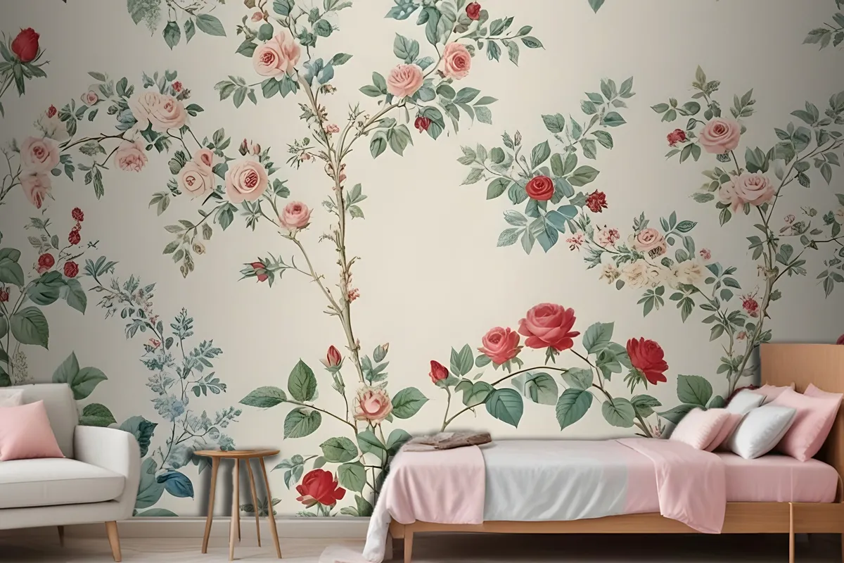 Detailed Floral Wallpaper Pattern Featuring Various Flowers And Plants Mural