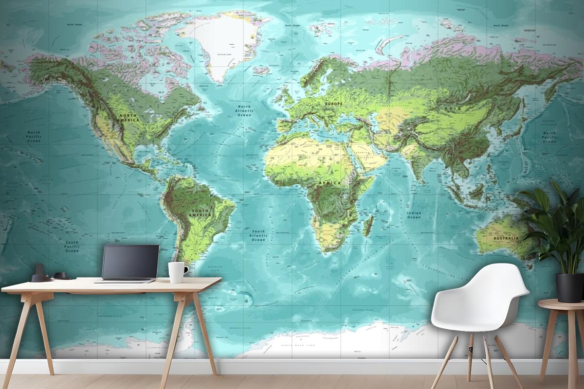 Detailed Physical World Map Miller Projection Wallpaper Mural