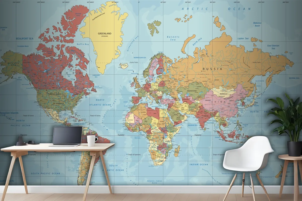 Detailed Political World Map In Mercator Projection Wallpaper Mural