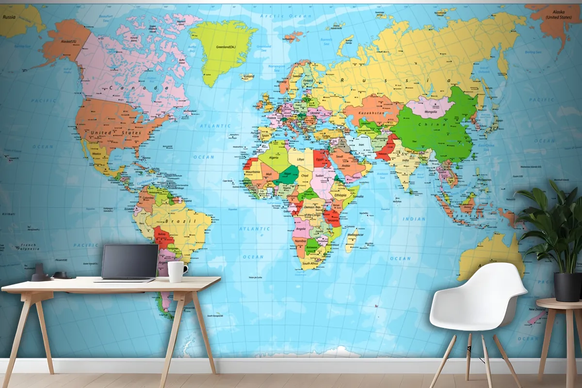 Detailed Political World Map With Capitals Wallpaper Mural