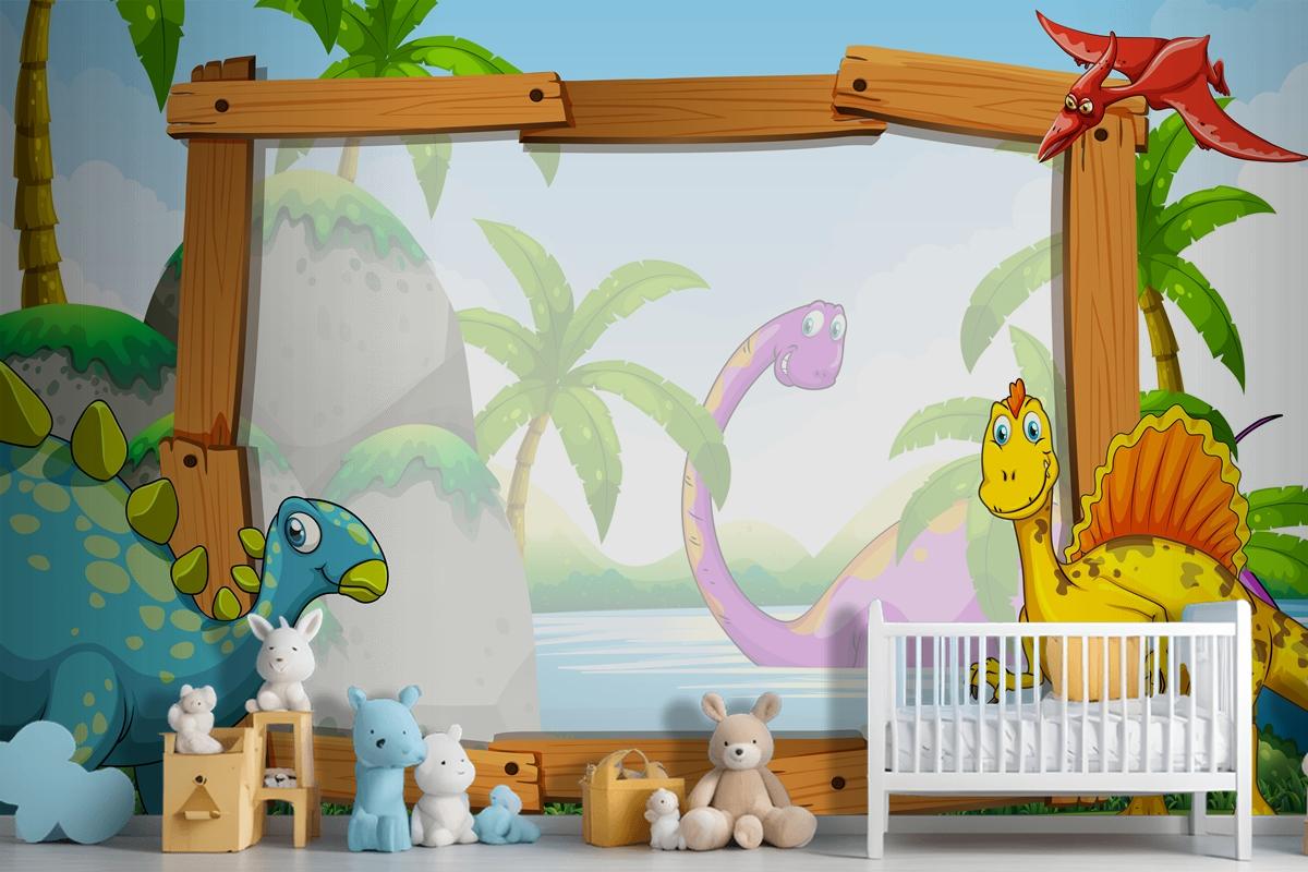 Dinosaurs By The Wooden Frame Wallpaper Mural