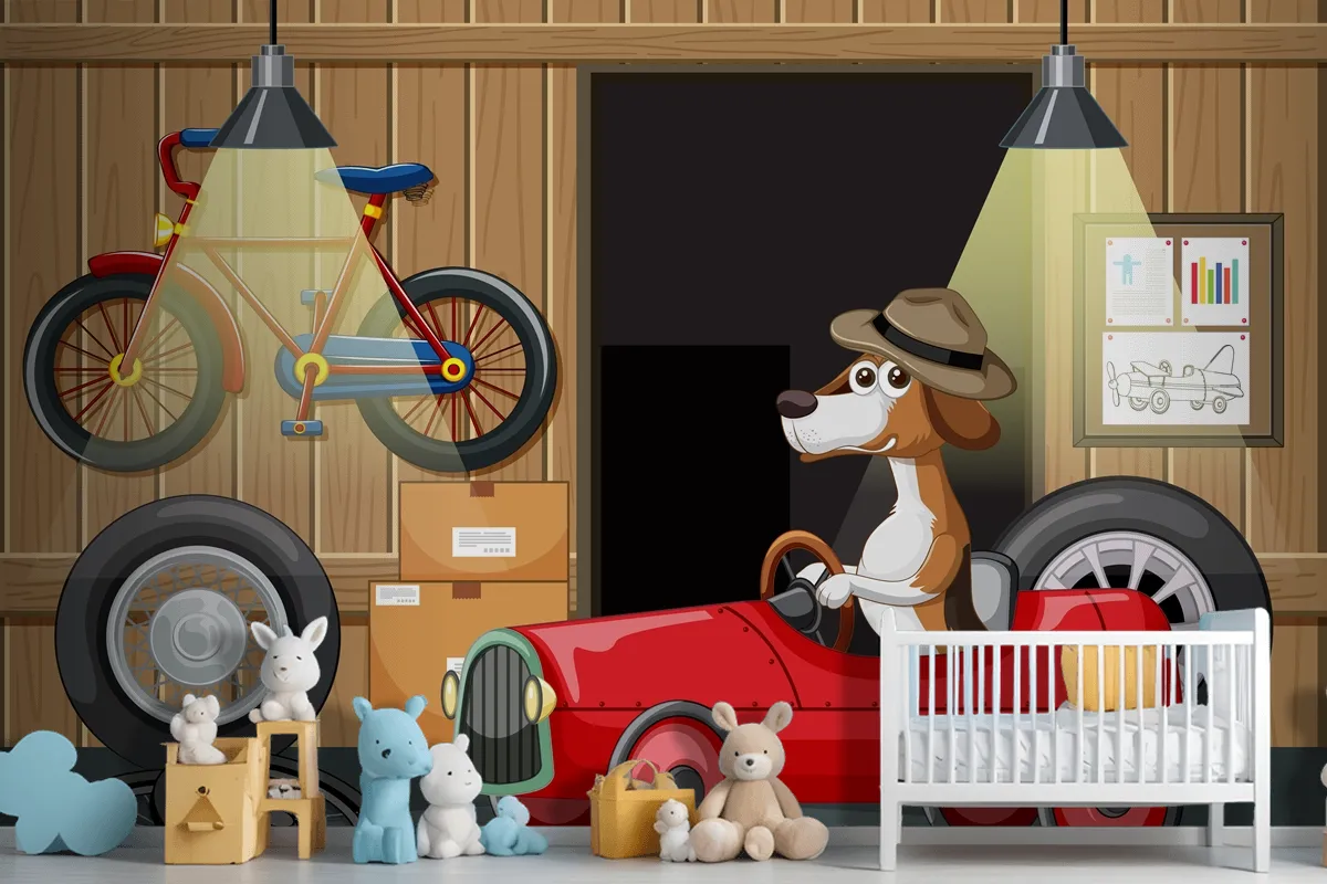 Dog Driving Car In Garage Wallpaper Mural